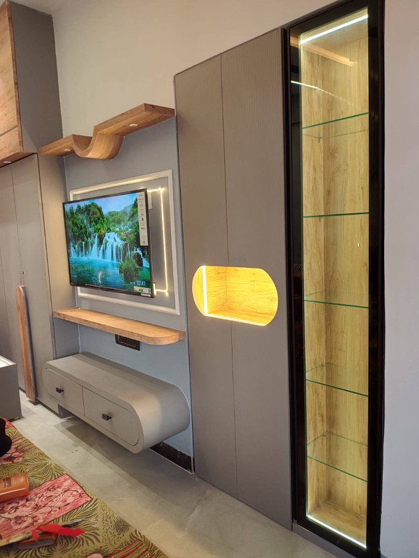 Compact TV console with storage and vertical wall panel