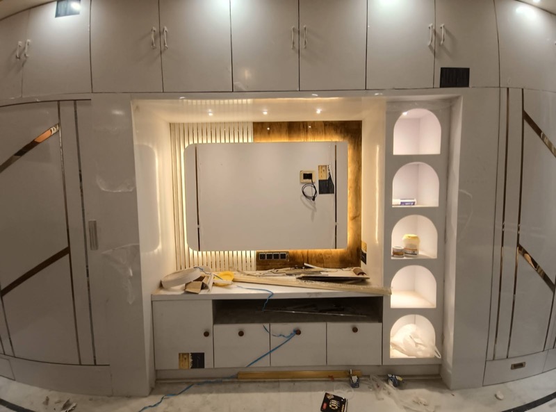 Modern vanity storage with mirror and display shelves