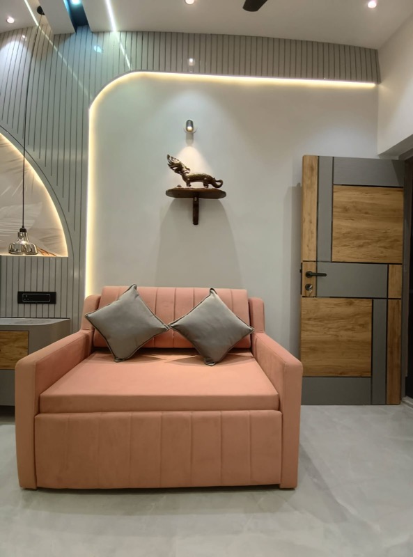 Soft daybed nook with wall storage and lighting