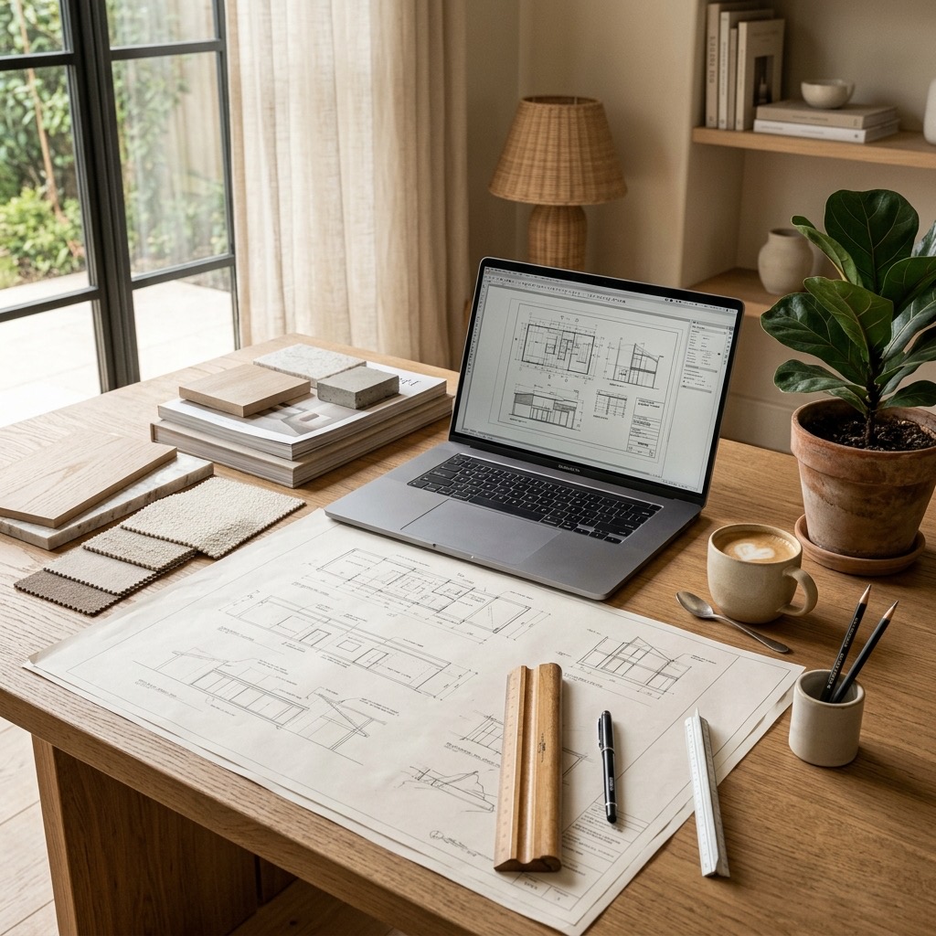 Warm designer workspace with timber and neutral materials